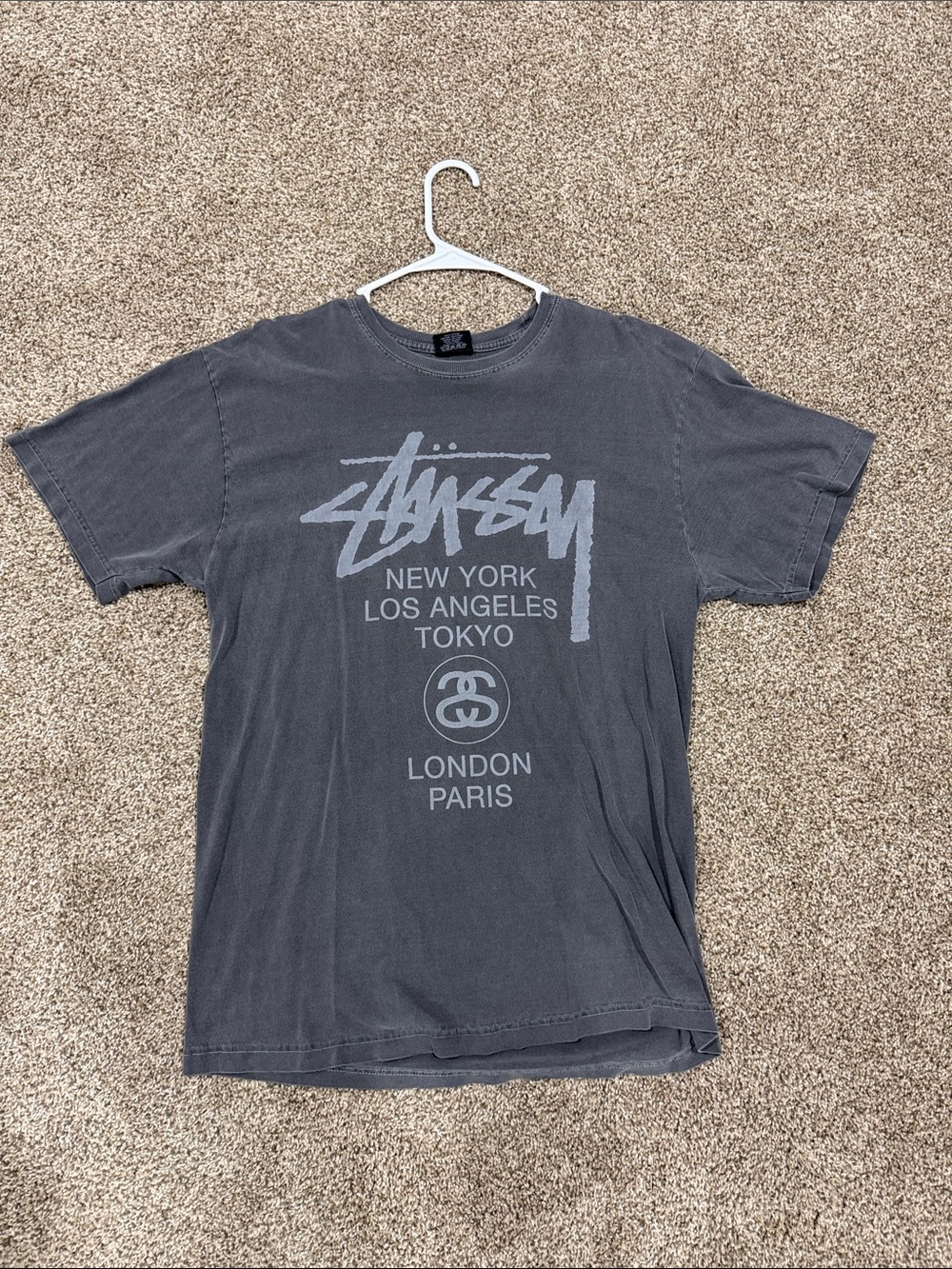 Stussy Men's Charcoal Gray Logo City Stack Tee